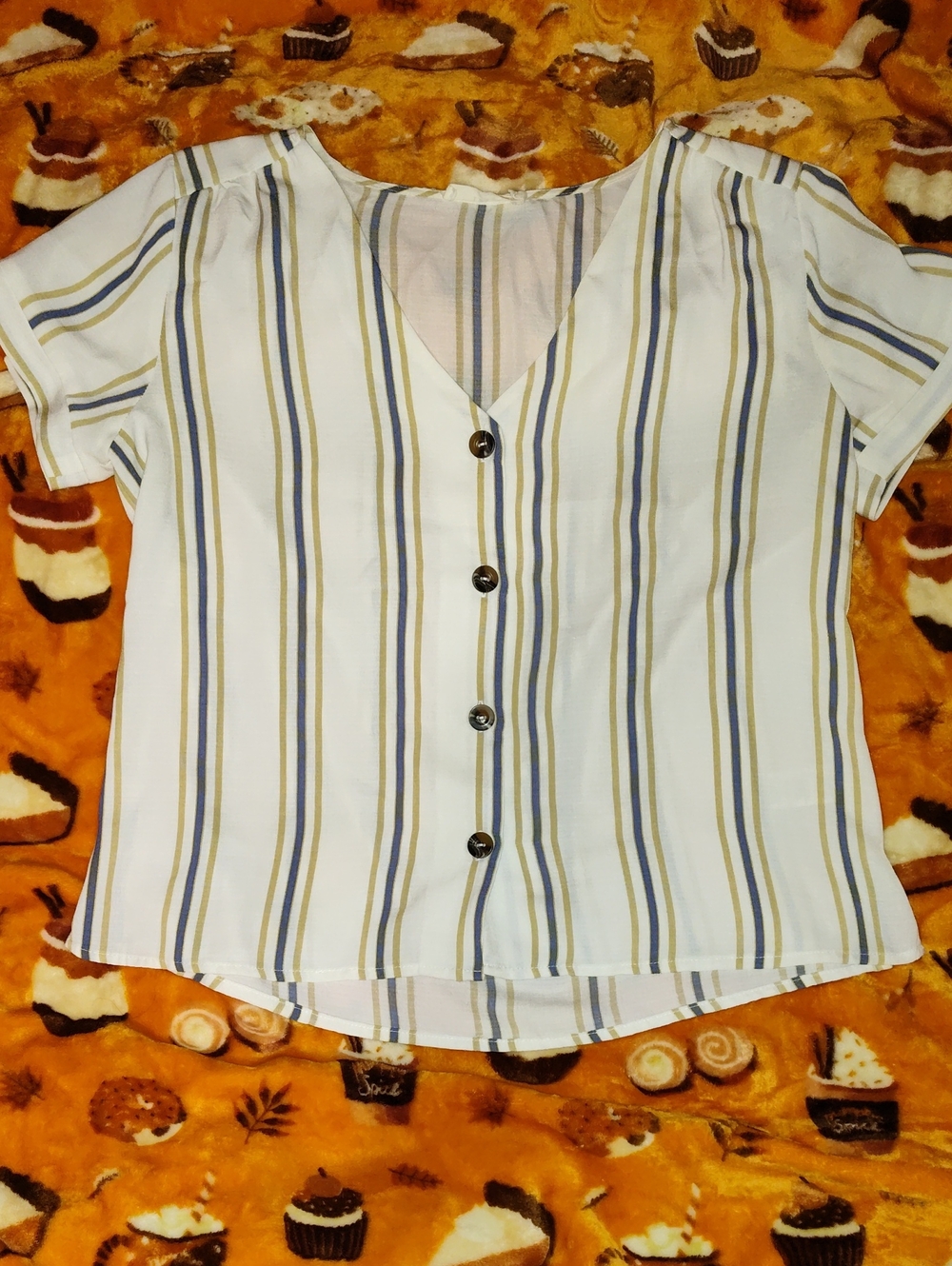 Lush White Button-Front Blouse with Blue & Tan Stripes